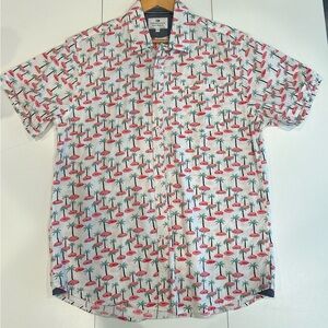 Thread & Cloth Men's L Button Up White Palm Tree Slim Fit Vacation Cotton